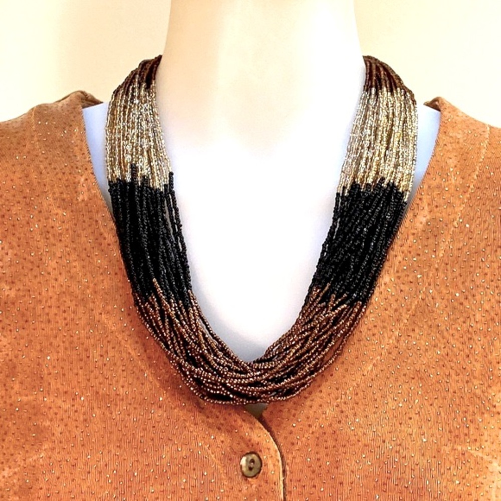 Multi-Strand Glass Bead Necklace Black Brown Gold